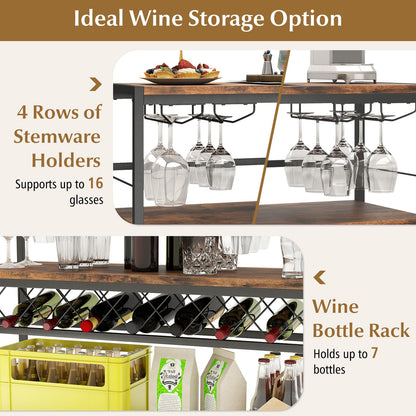 Goflame 4-Tier Wine Rack Table - 7-Bottle Wine Bar Cabinet w/ 4 Wine Racks & 16 Glasses Holder