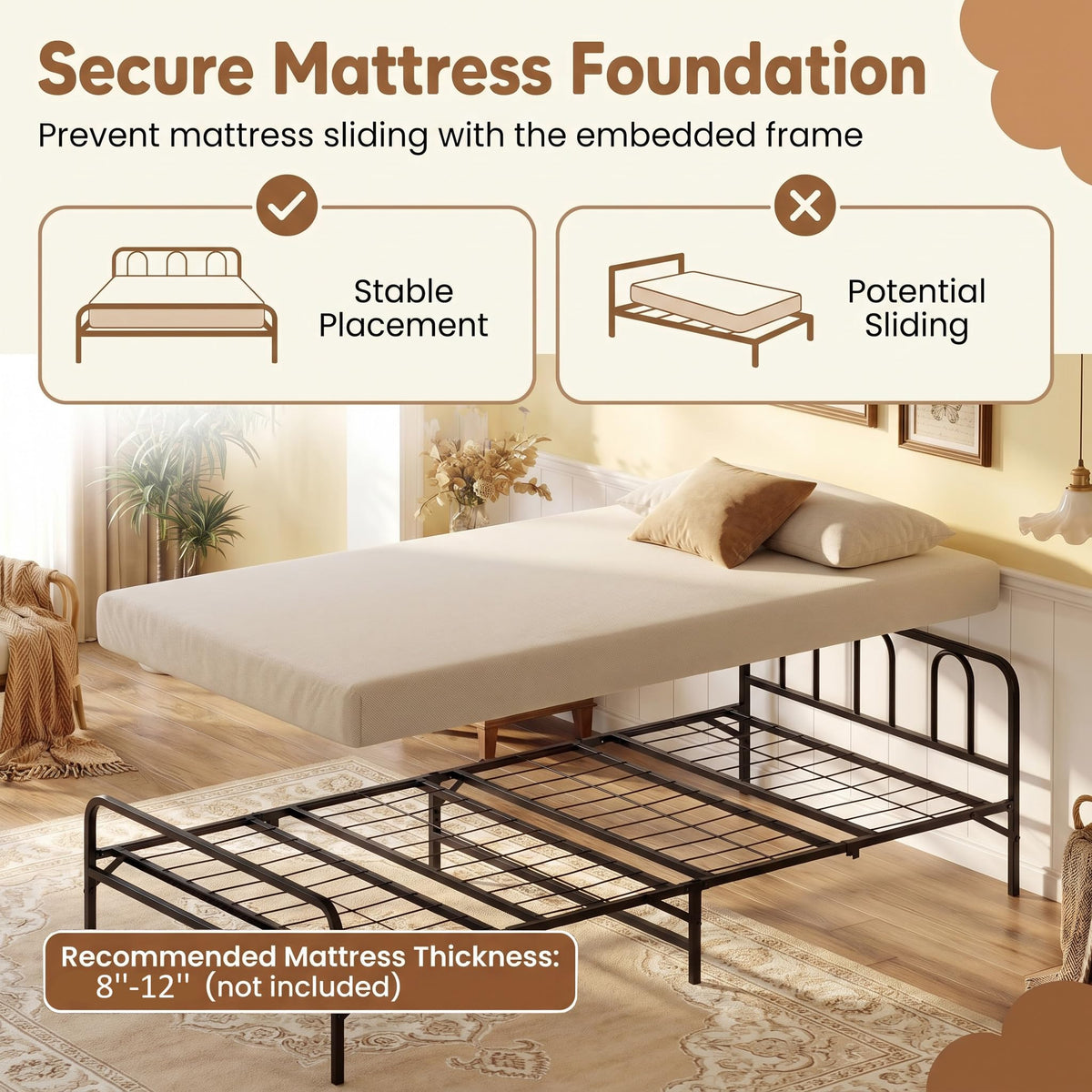 Goflame Foldable Metal Twin Bed Frame with Headboard and Footboard