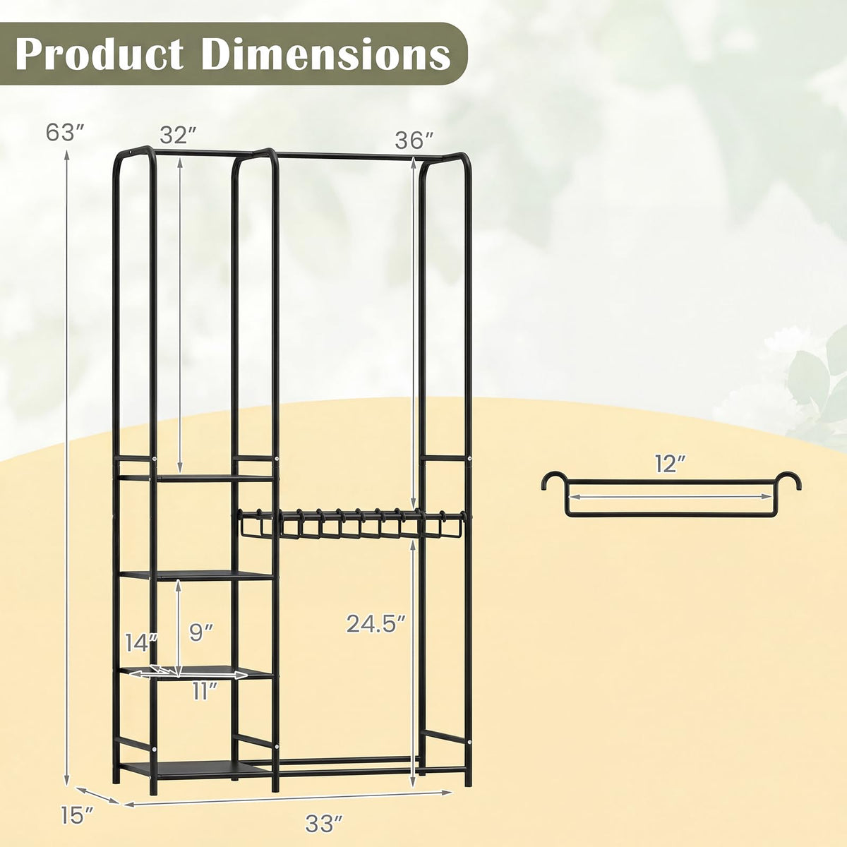Goflame Heavy-Duty Metal Clothing Rack with 2 Hanging Rods & 4 Storage Shelves