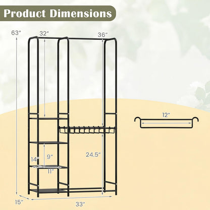 Goflame Heavy-Duty Metal Clothing Rack with 2 Hanging Rods & 4 Storage Shelves