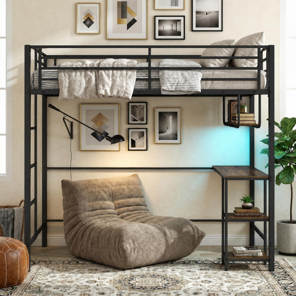 Goflame Twin Loft Bed with Desk LED Lights & Charging Station