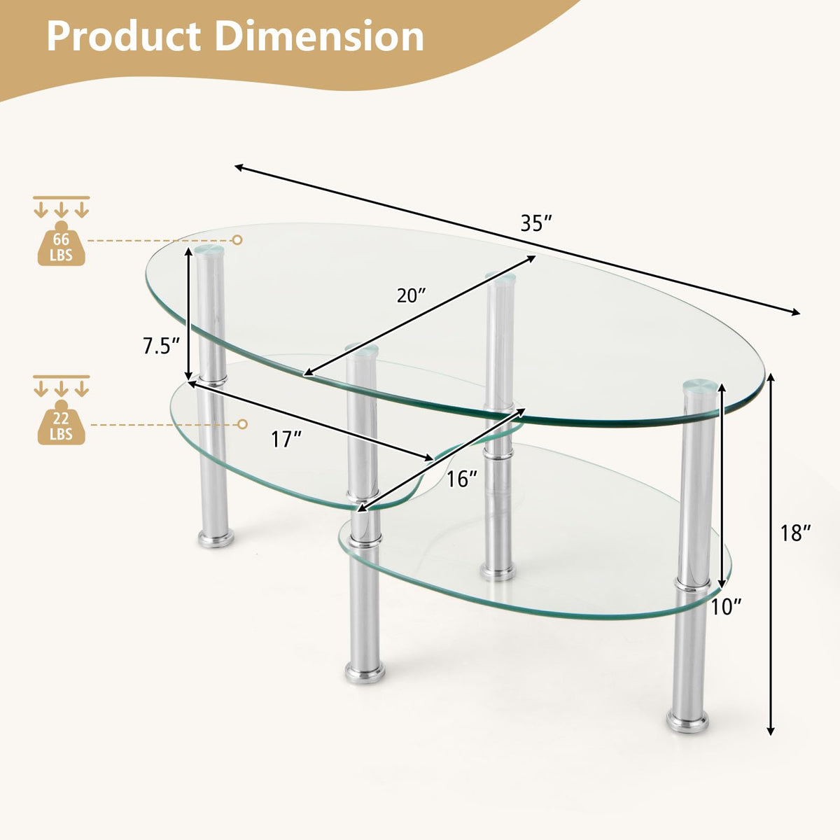 Goflame Oval Glass Coffee Table - 3-Tier Transparent Tempered Glass Center Table with Metal Stand, 35"× 20" ×18"