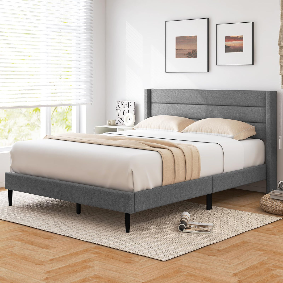 Goflame Queen/Twin Size Bed Frame, Modern Linen Upholstered Platform Bed with Wingback Headboard