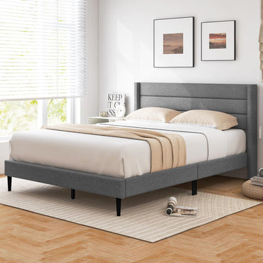 Goflame Queen/Twin Size Bed Frame, Modern Linen Upholstered Platform Bed with Wingback Headboard