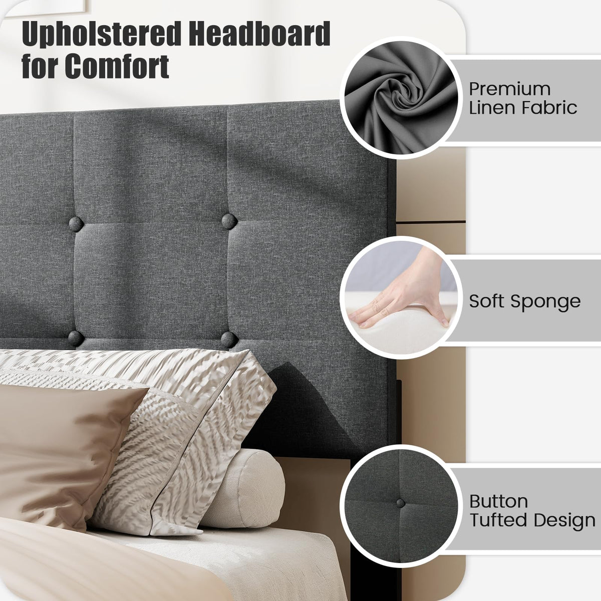 Goflame Queen Bed Frame Linen Upholstered Platform Bed with Button Tufted Headboard