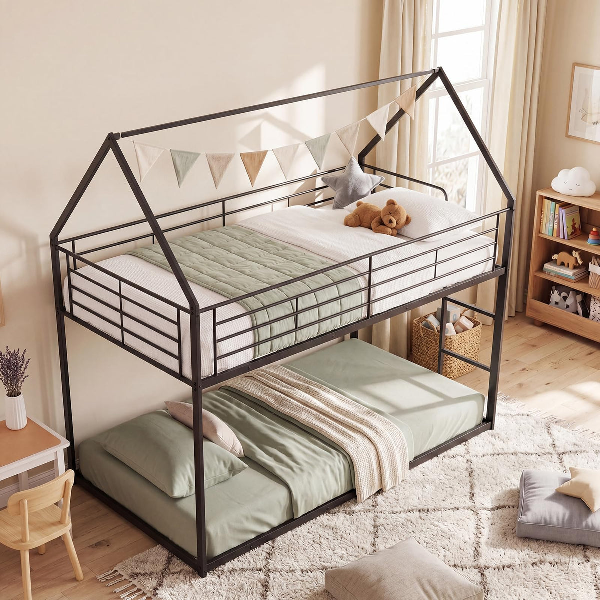 Goflame House-Shaped Twin Over Twin Metal Bunk Bed