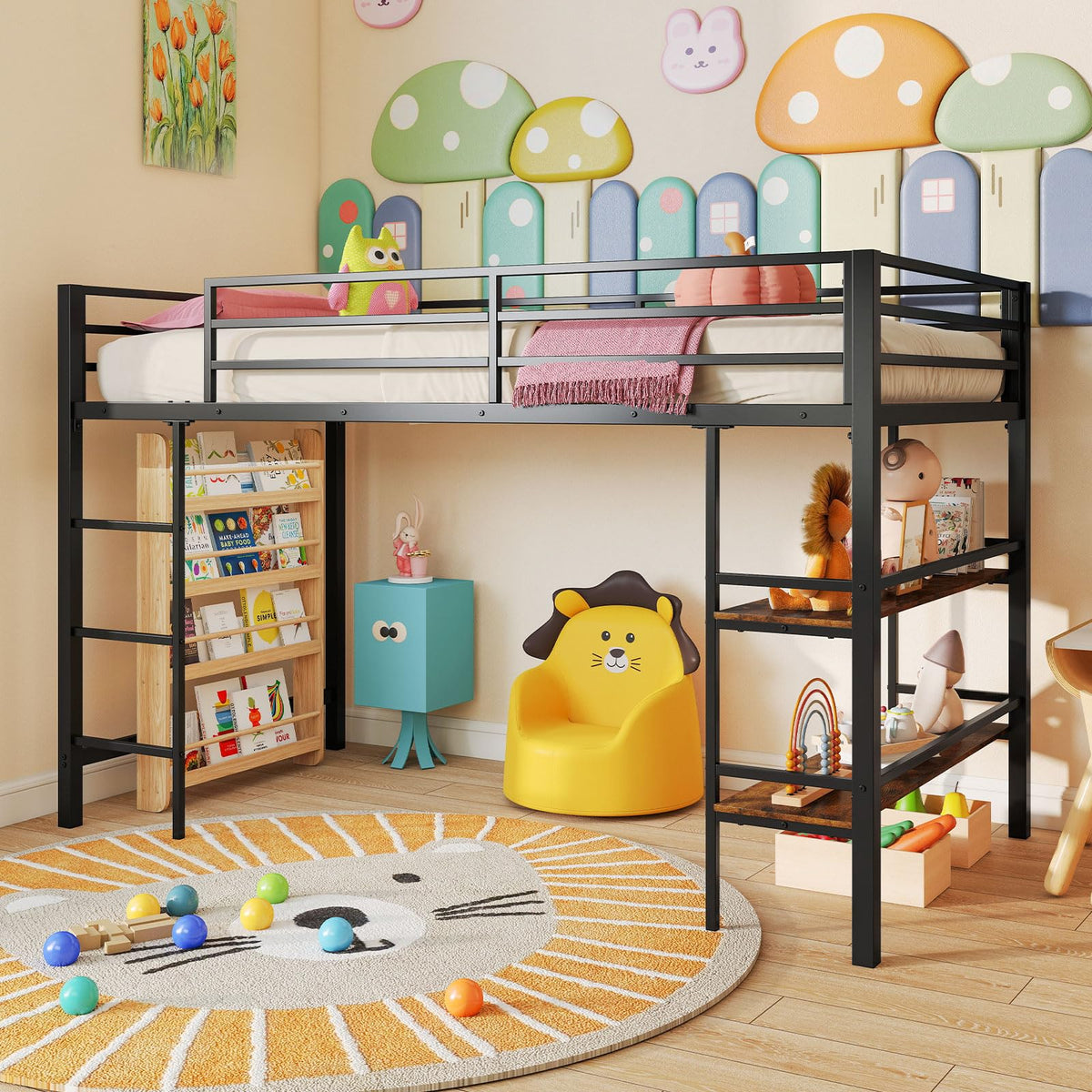 Goflame Low Loft Bed Twin Size Heavy Duty Metal Frame w/Storage Shelves