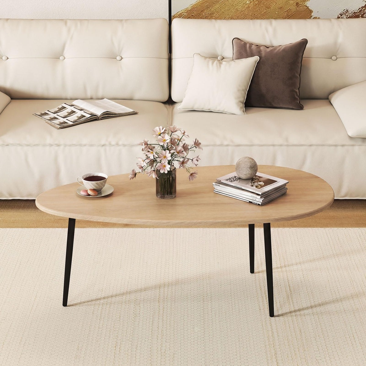 Goflame Oval Mid Century Modern Coffee Table Sturdy Metal Frame and Compact Design