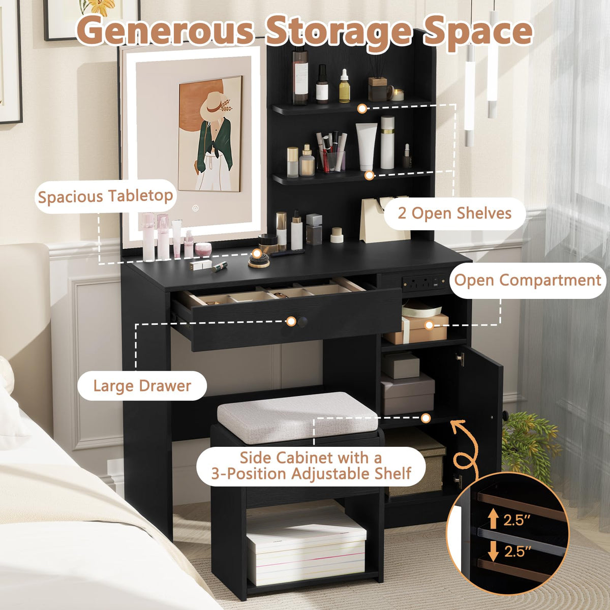 Makeup Vanity Set with Mirror and Lights, Vanity Desk with Charging Station