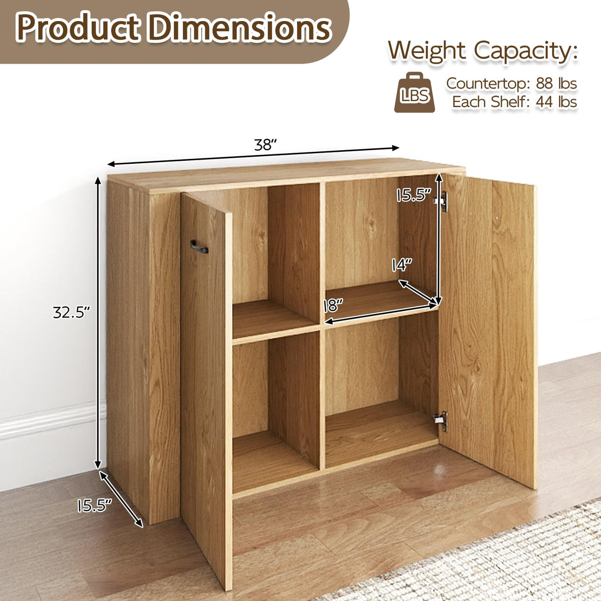 Goflame 38" Modern Storage Cabinet with 2 Doors and 4 Cubic Shelves