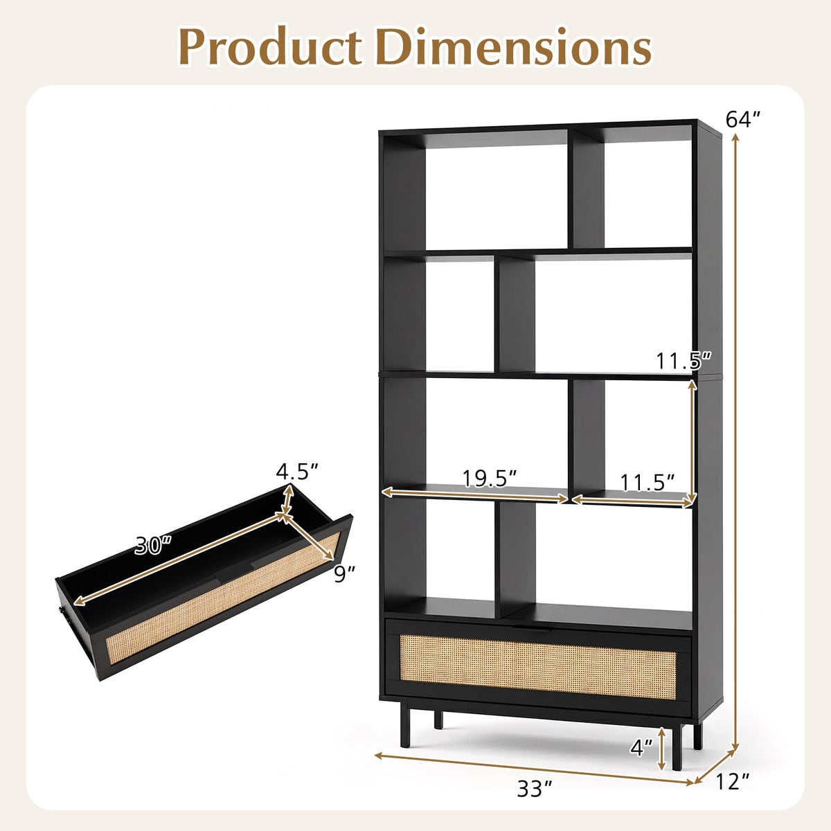 Goflame 64" Tall 6-Tier Wood Bookshelf with Rattan Drawer