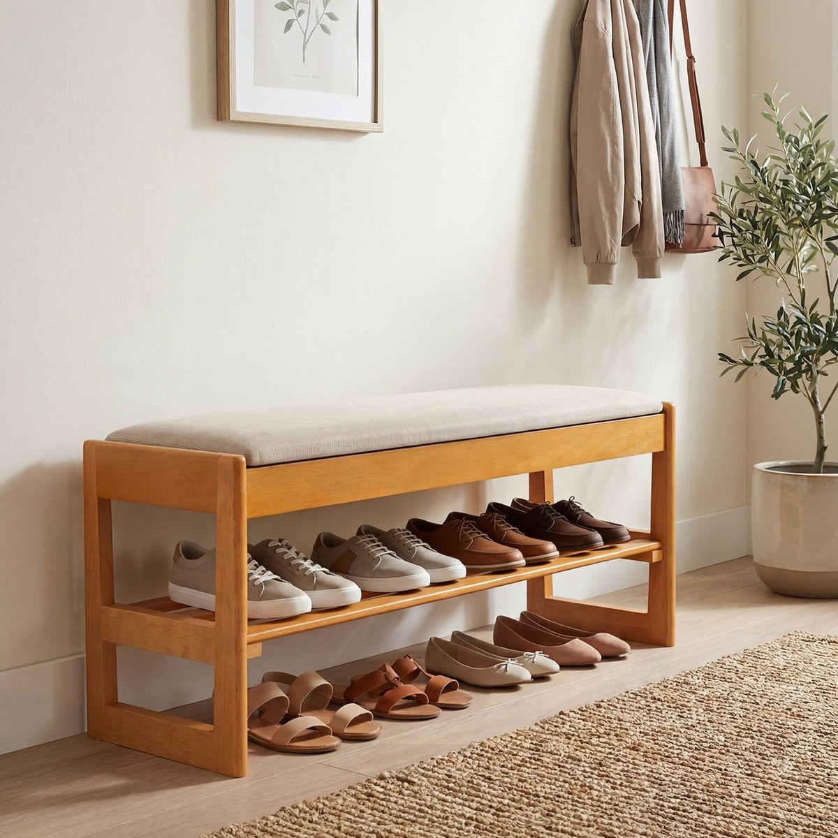 Goflame Rubberwood Shoe Rack Bench with Linen Seat Cushion