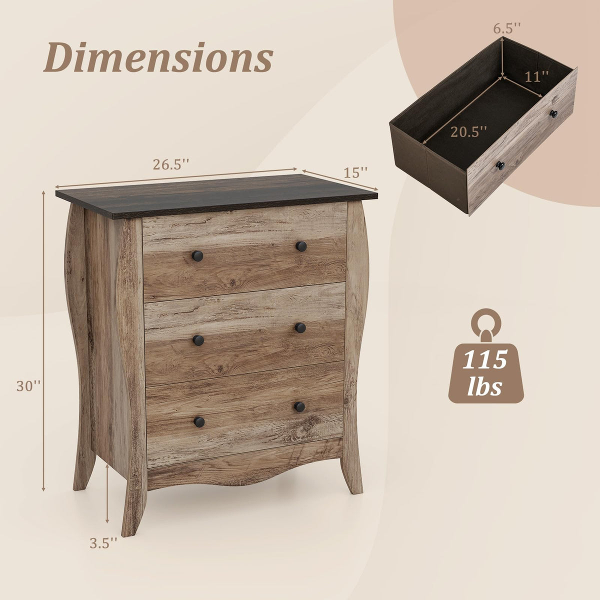 Goflame Storage Cabinet with Foldable & Detachable Fabric Drawers, Anti-Tipping Kit, 26.5” x 15” x 30” Farmhouse Floor Cabinet