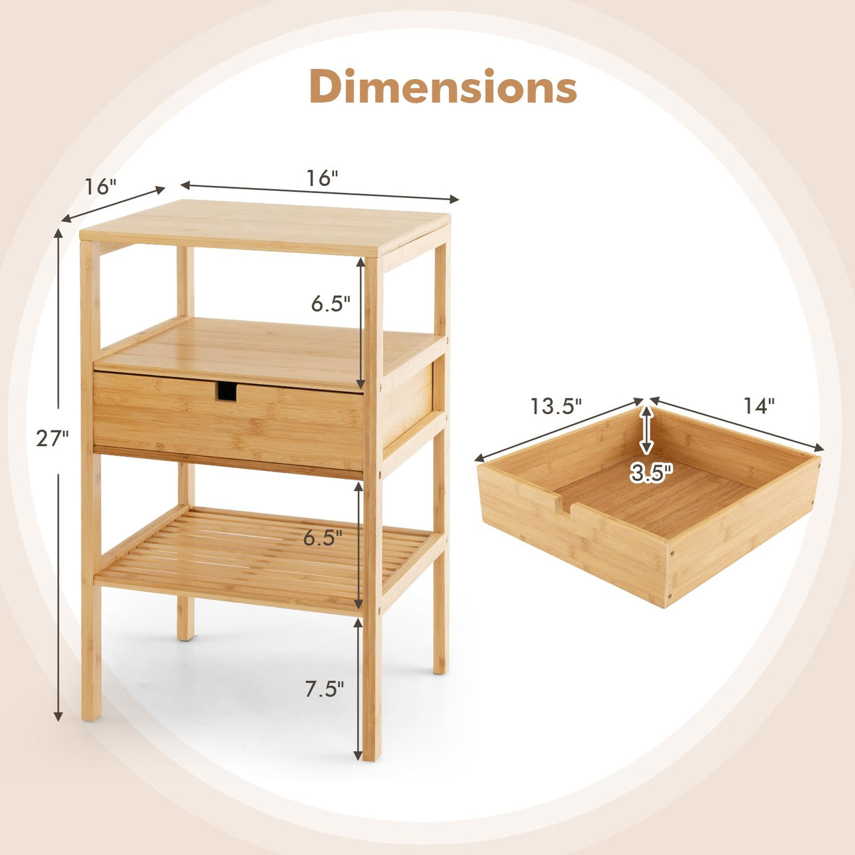 Goflame Nightstand Set of 1/2, Bamboo End Table with Drawer and 2 Open Shelves