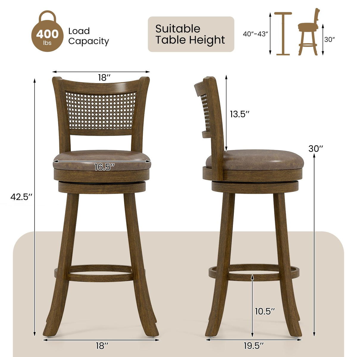 Goflame 30" Bar Height Bar Chairs with PE Rattan Backrest Upholstered Leathaire Barstools