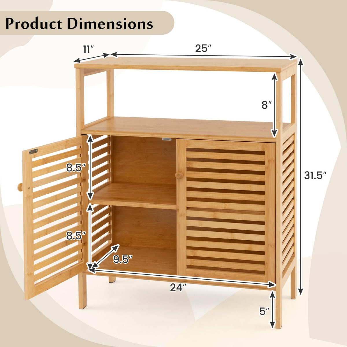 Goflame Storage Cabinet, Bamboo Bathroom Floor Cabinet with Double Louvered Doors
