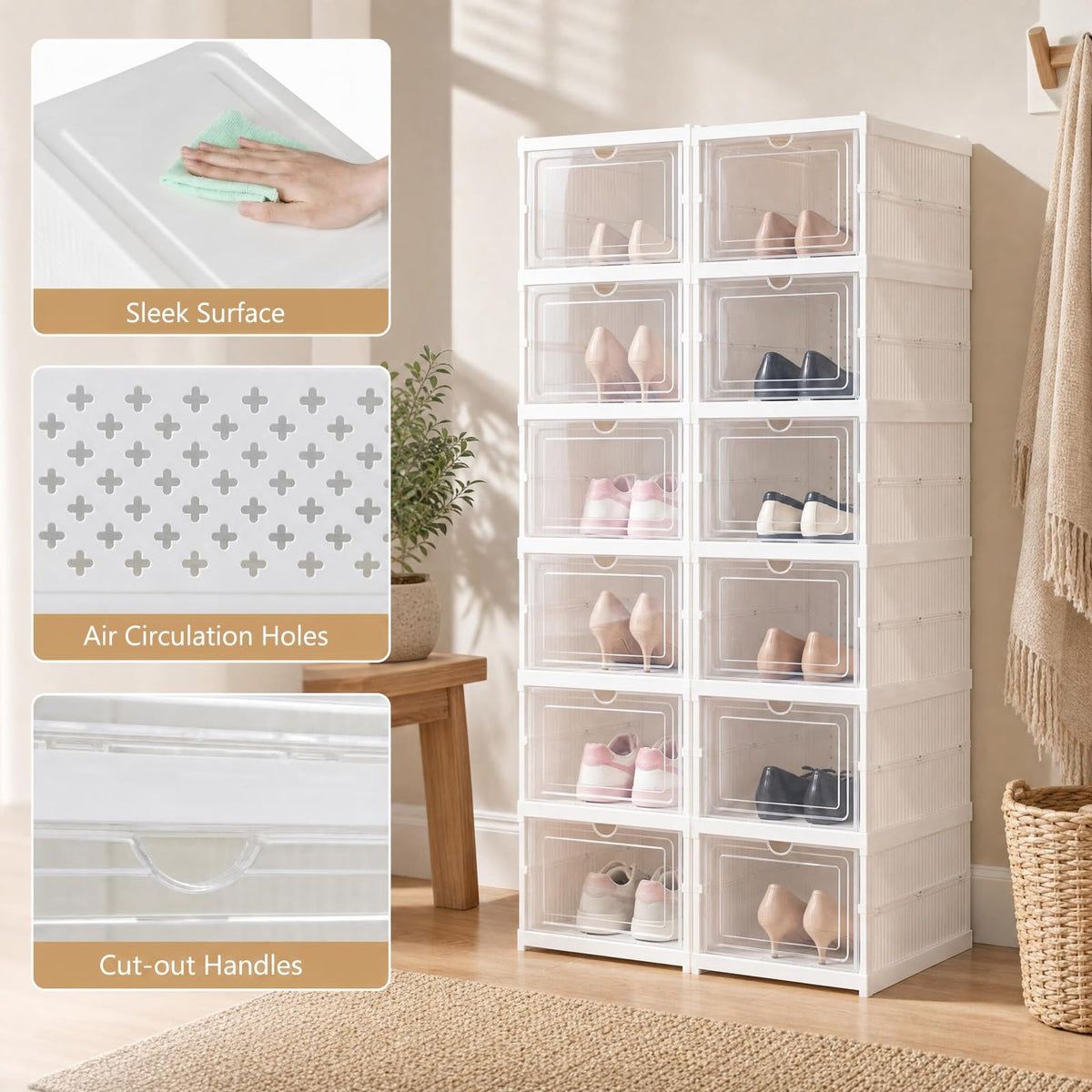 GOFLAME 6-Tier Foldable Shoe Storage Box| Stackable Space-Saving Shoe Rack Organizer Set of 2