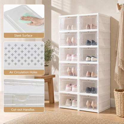 GOFLAME 6-Tier Foldable Shoe Storage Box| Stackable Space-Saving Shoe Rack Organizer Set of 2