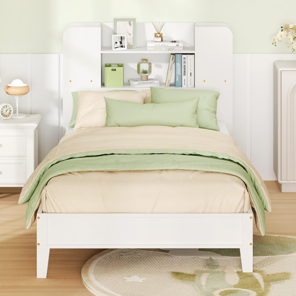 Goflame Twin Bed Frames for Kids, Wooden Twin Size Bed with Storage Bookcase Headboard