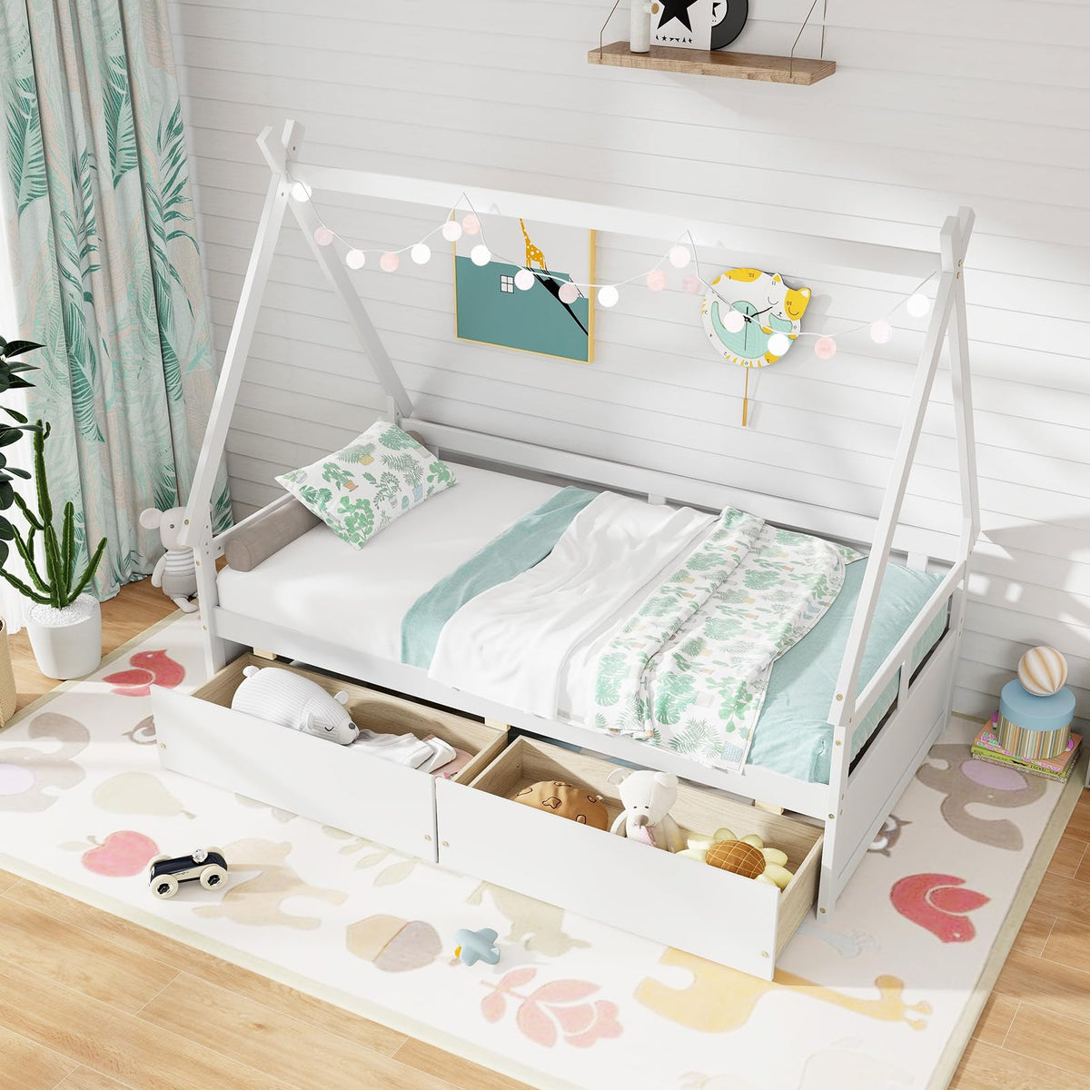 Goflame Twin Bed with 2 Storage Drawers, Wood Montessori House Tent Bed Frame with Safety Guardrail