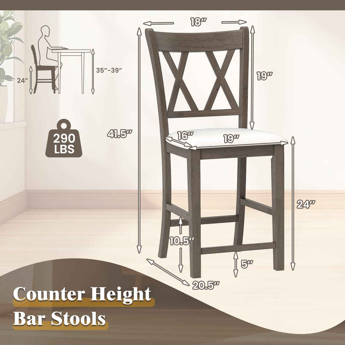 Goflame Wood Bar Stools Set of 2/4, 24" Counter Height Bar Stools w/Cross Back & Linen Fabric Upholstered Seat