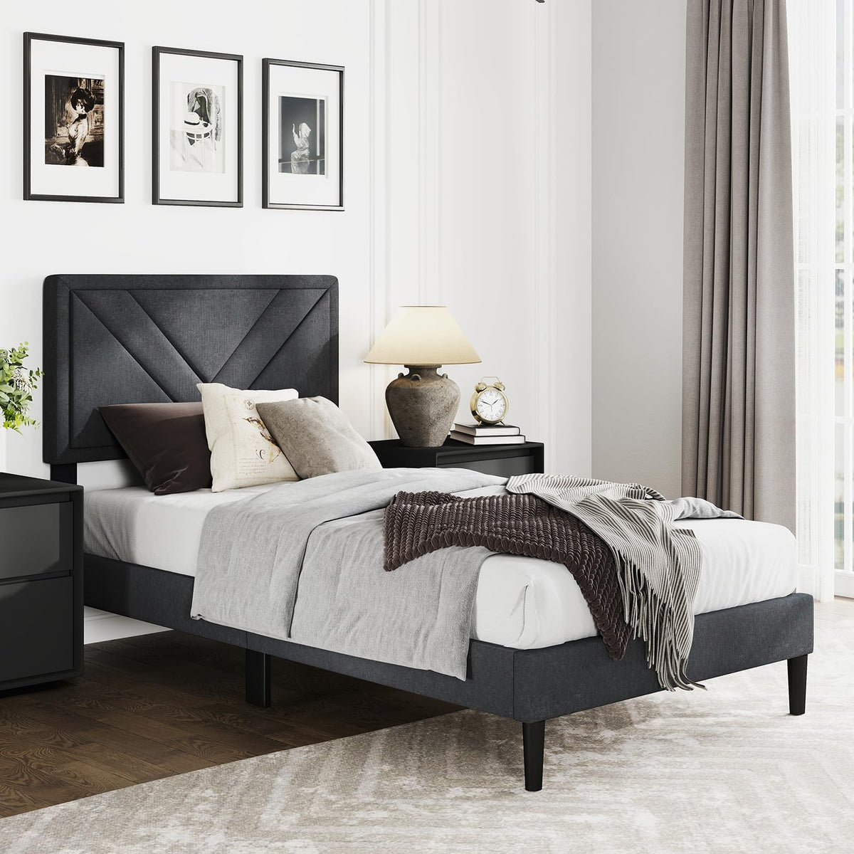 Queen/Full/Twin Size Upholstered Platform Bed Frame with Diagonal Channel Tufted Headboard