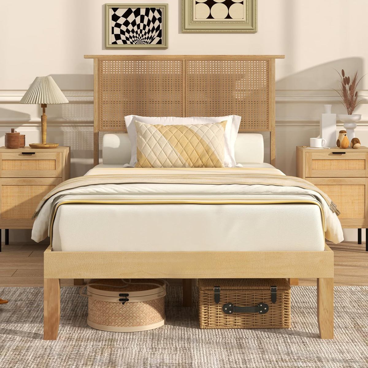 Goflame Queen/Full/Twin Size Bed Frames with Rattan Headboard, Boho Solid Wood Platform Bed with Wooden Slats