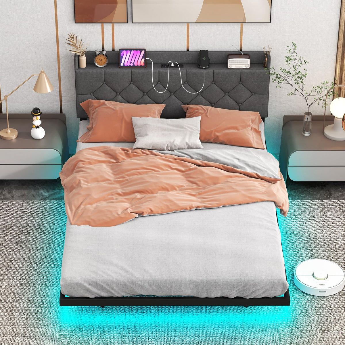 Goflame Queen/Full Size Floating Bed Frame with LED Lights, Modern Platform Bed with Adjustable Upholstered Headboard & Charging Station