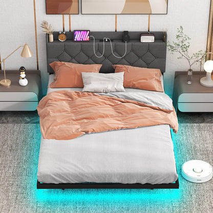 Goflame Queen/Full Size Floating Bed Frame with LED Lights, Modern Platform Bed with Adjustable Upholstered Headboard & Charging Station