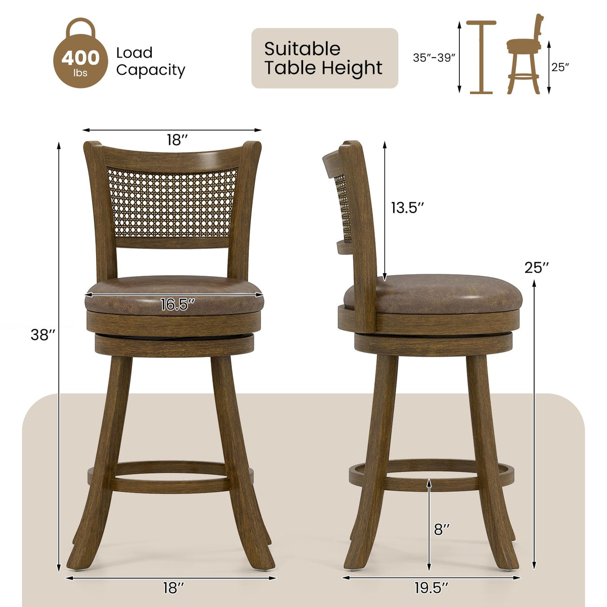 Goflame 25" Swivel Bar Stools Set of 2/4 with Footrest & Rubber Wood Frame
