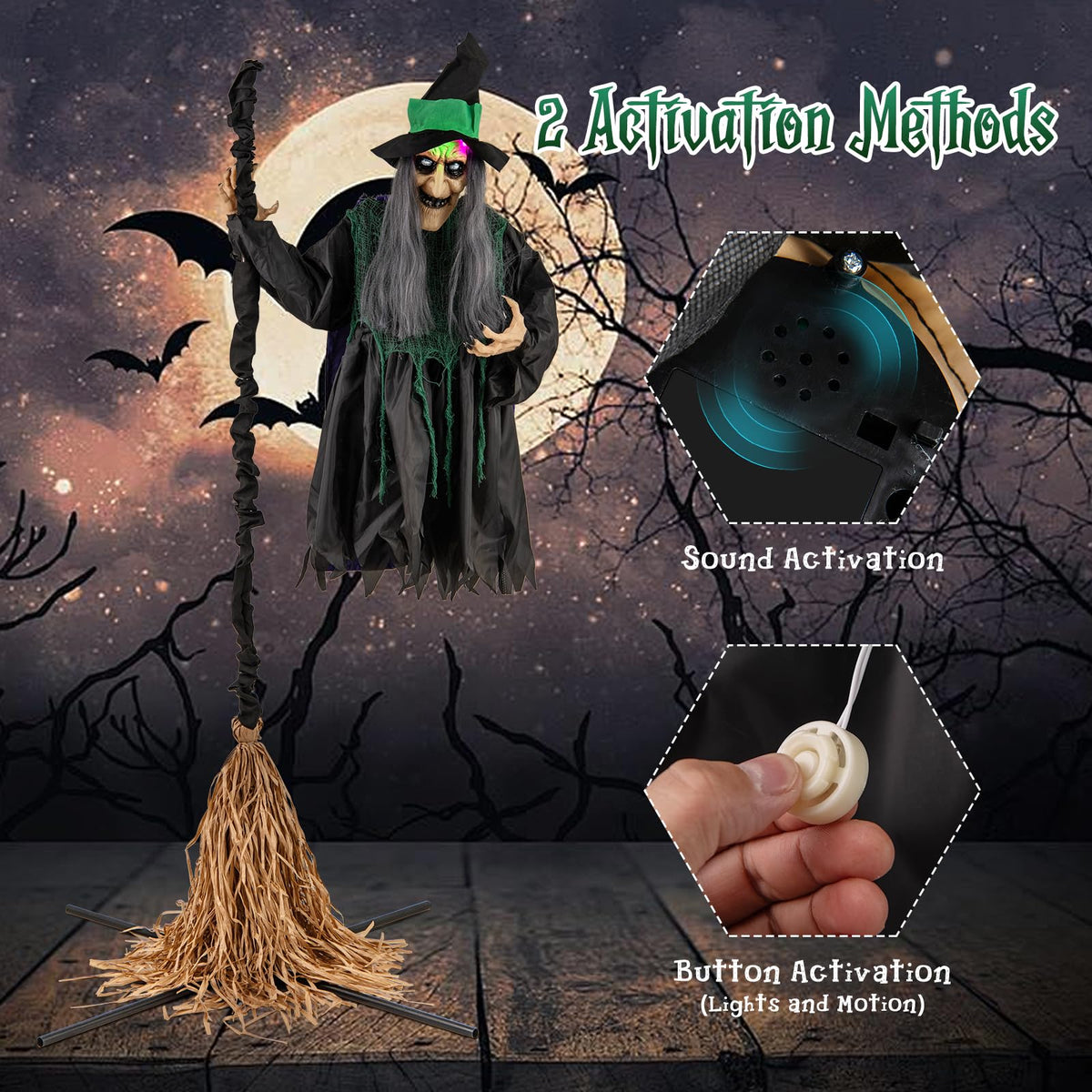 Goflame Witch with Broomstick Halloween Animatronic, Life Size Animated Halloween Prop with Laughing and Screaming Sound