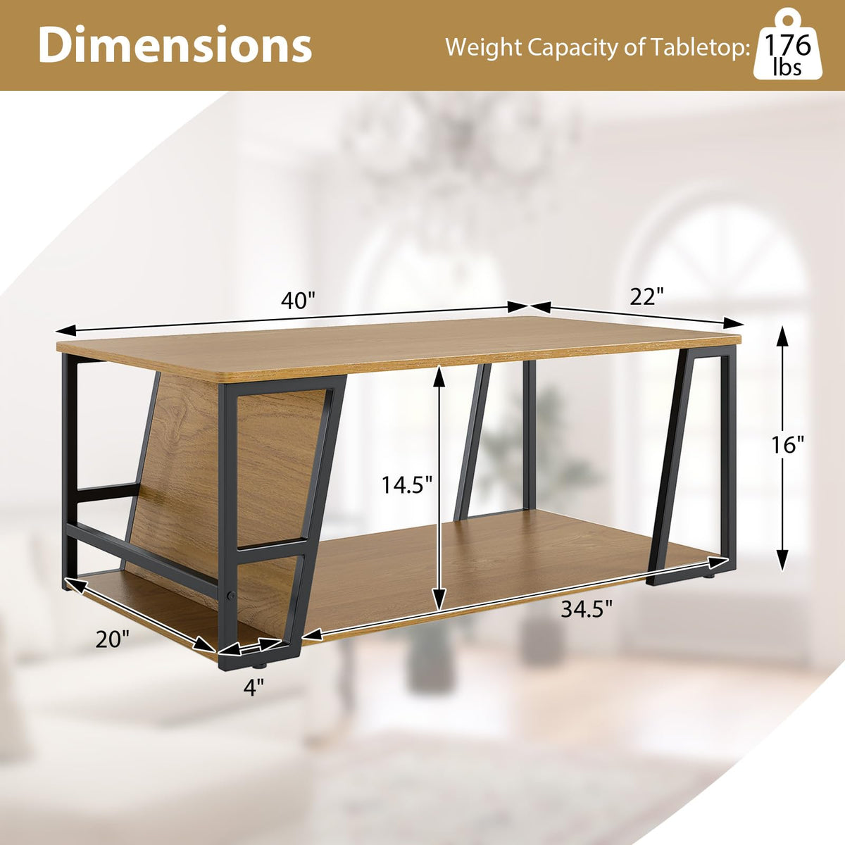 Goflame Rectangle Coffee Table 2-tier Industrial Accent Table with Storage Shelf and Compartment