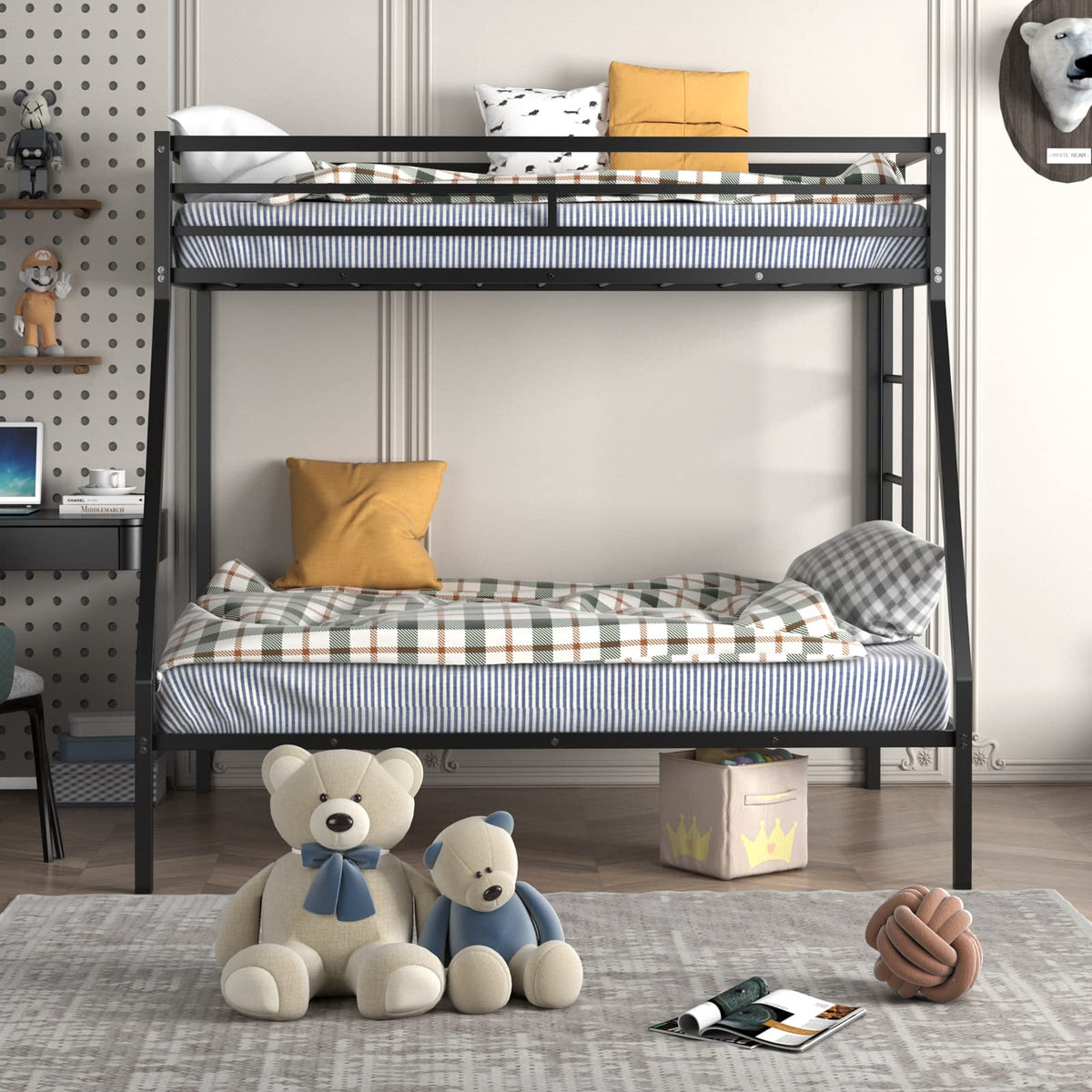 Goflame Metal Bunk Bed, Twin Over Full Size Bed w/ Removable Ladder & Steel Slats Support