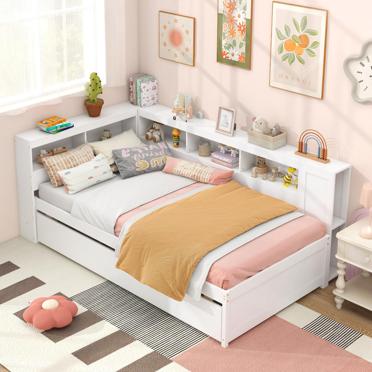 Goflame Twin Daybed with Trundle, Wood Twin Bed Frames with Storage Headboard, Reversible Bookcase