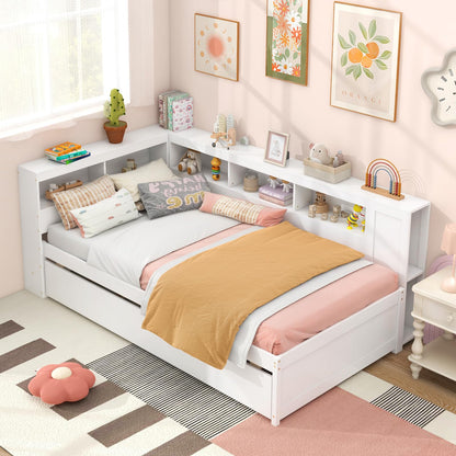 Goflame Twin Daybed with Trundle, Wood Twin Bed Frames with Storage Headboard, Reversible Bookcase