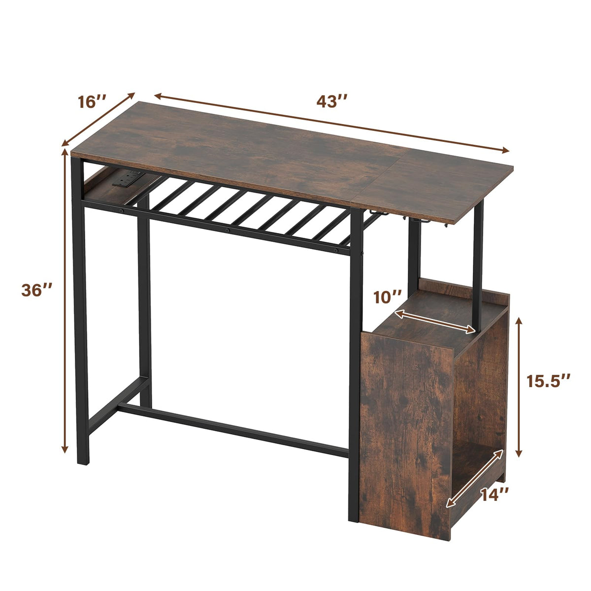Goflame Rectangular Bar Table with Charging Station and LED Light