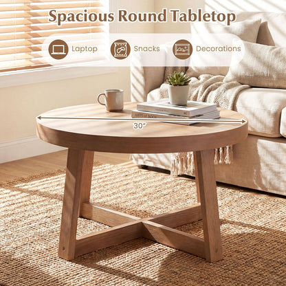 Goflame 30" Wood Center Table with Thickened Tabletop & Cross-Shaped Pine Wood Frame