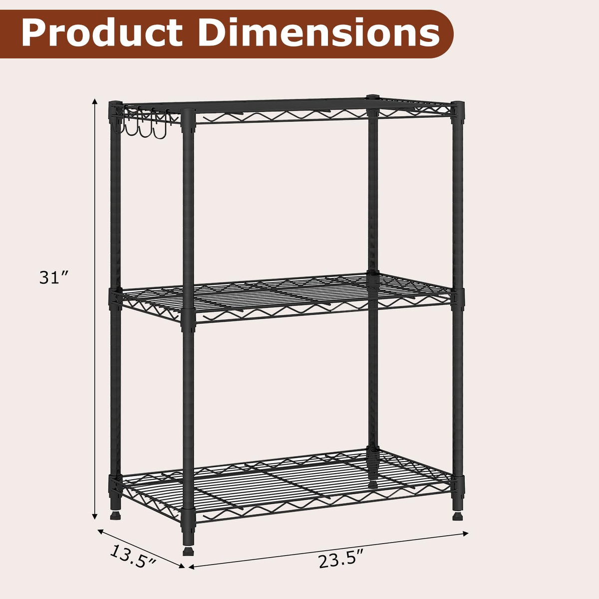 Goflame Storage Shelves Adjustable Wire Shelf Rack w/4 Removable Hooks