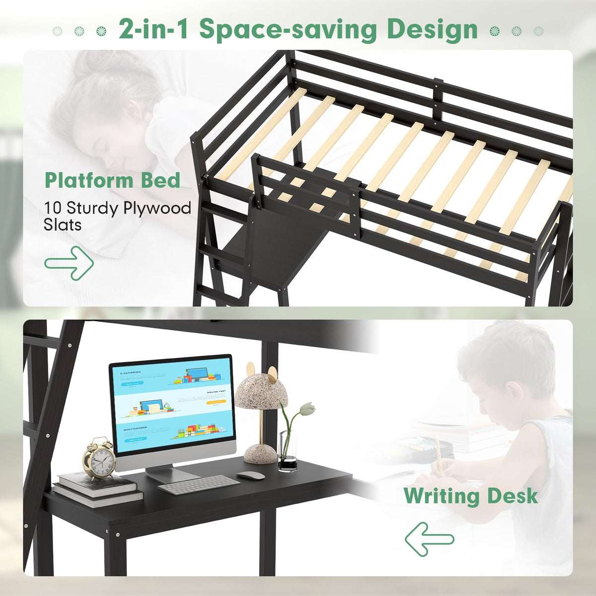 Goflame Twin Size Loft Bed with Desk, Solid Wood Loft Bed with 2 Ladders & Full Length Guardrail
