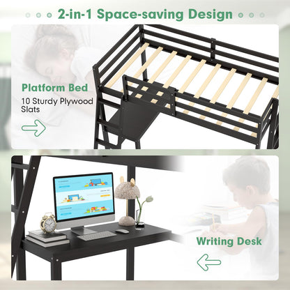 Goflame Twin Size Loft Bed with Desk, Solid Wood Loft Bed with 2 Ladders & Full Length Guardrail