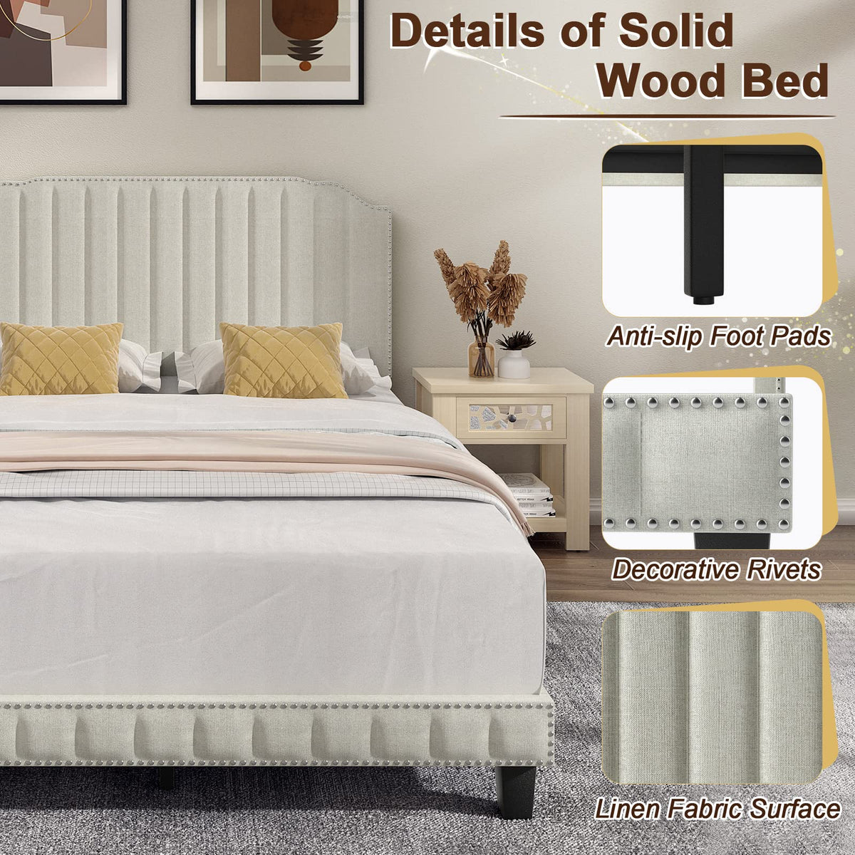 Goflame Queen/Full/Twin Size Upholstered Bed Frame, Linen Platform Bed w/Rivet Headboard, Heavy Duty Mattress Foundation