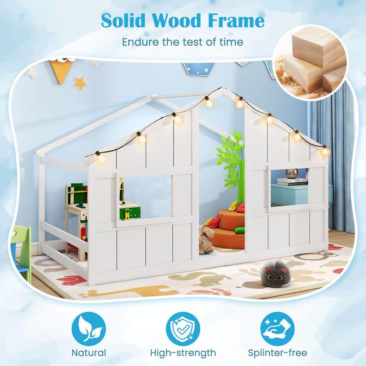 Goflame Twin Kids House Bed with Light Bulbs Wooden Montessori Floor Bed Frame with Roof & Windows