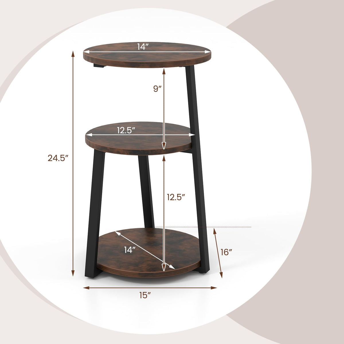 Goflame Round End Table, Industrial Side Table with Sturdy Metal Frame, Coffee Table, 3-Tier Bedside Table for Bedroom, Living Room