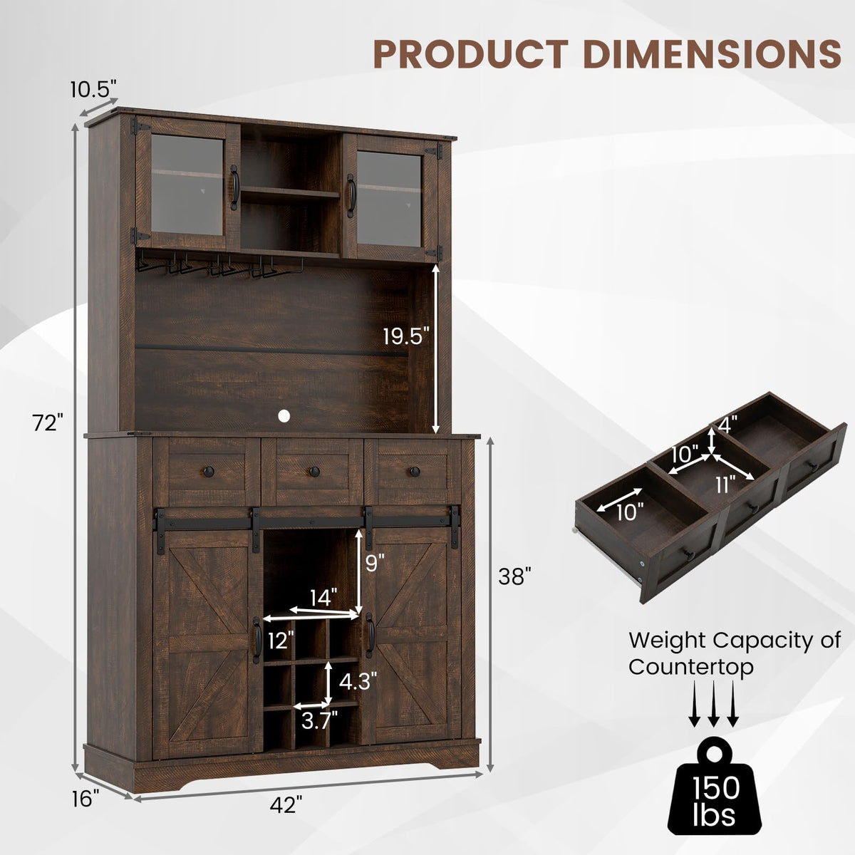 Goflame 72" Farmhouse Coffee Bar Cabinet w/Glass Doors & Wine Racks
