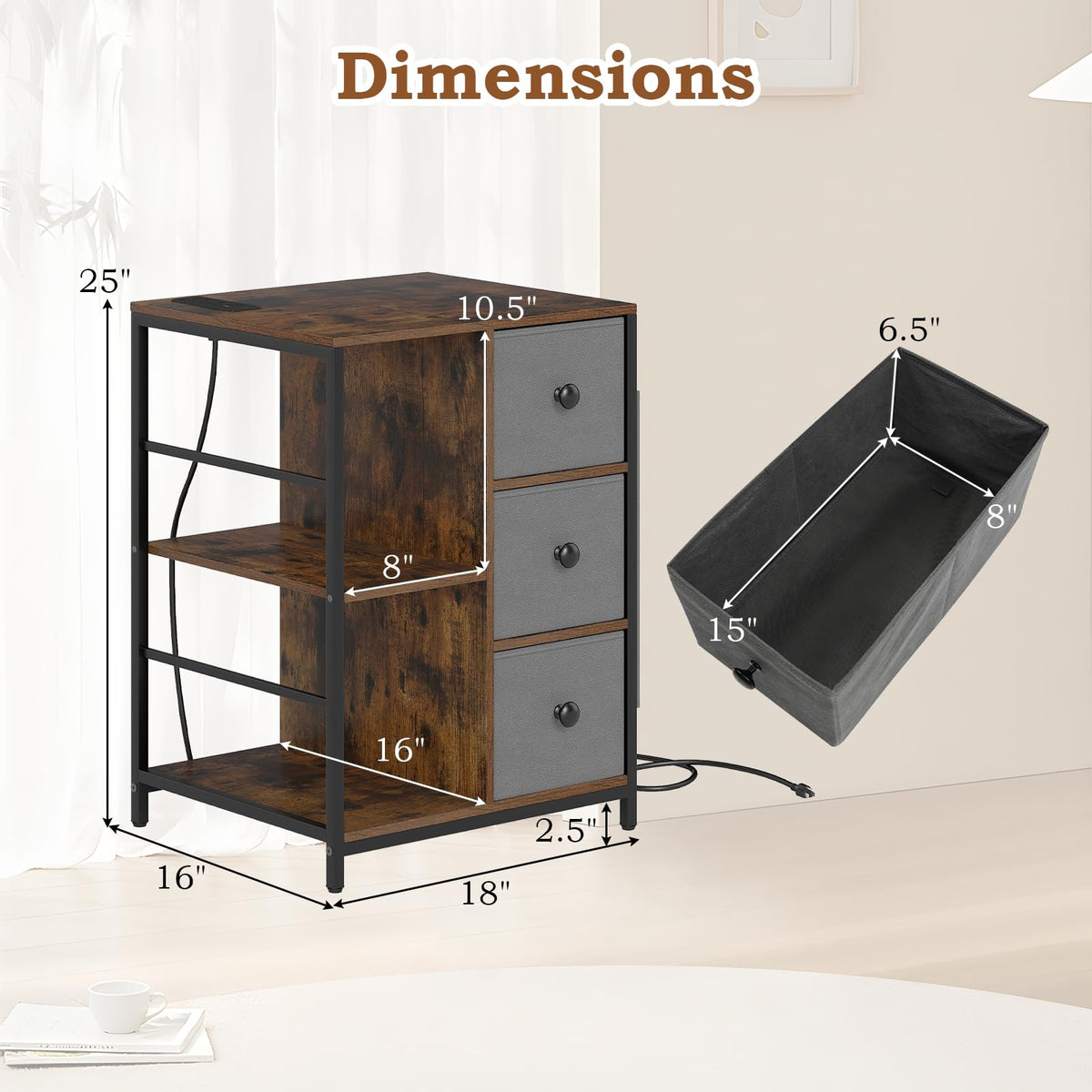Goflame Industrial Nightstand with Charging Station - End Side Table w/3 Fabric Drawers
