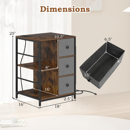 Goflame Industrial Nightstand with Charging Station - End Side Table w/3 Fabric Drawers