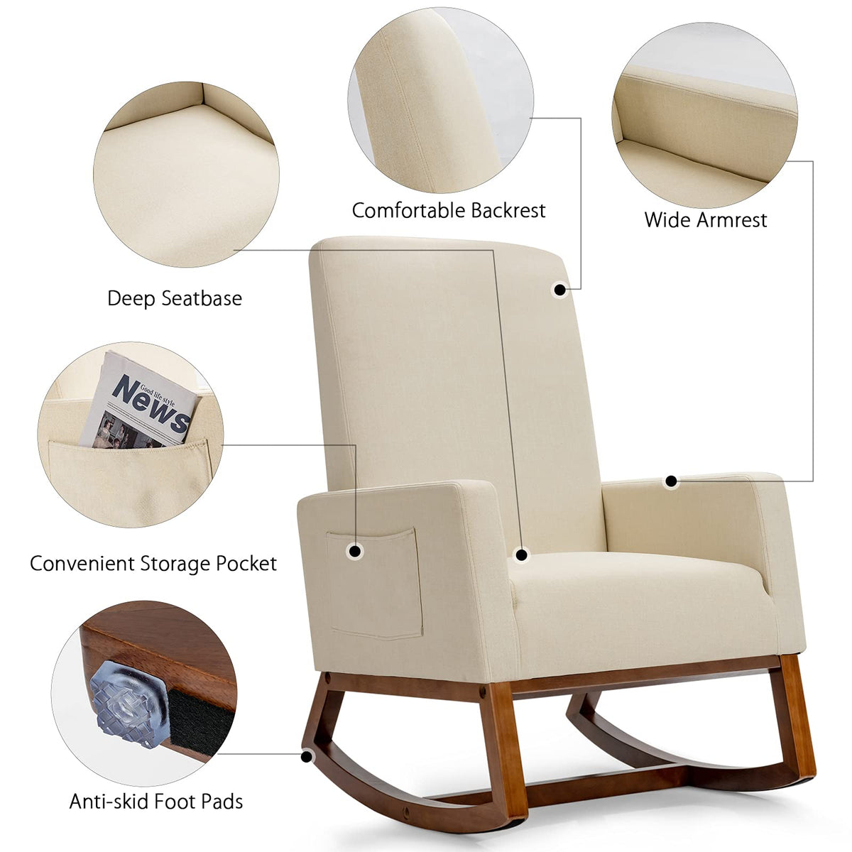 Goflame Rocking Chair Upholstered Living Room Chair