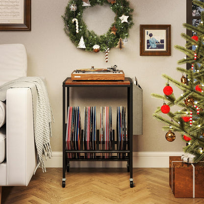 Goflame Rolling Record Player Stand 2-Tier with Vinyl Storage and Magazine Holder Bag