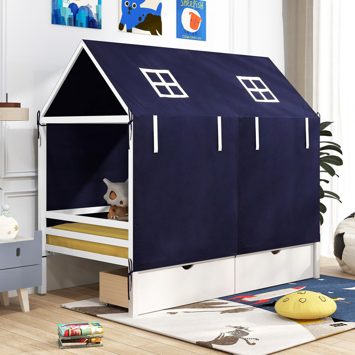Goflame Twin House Bed with Tent, Wood Kids Bed with 2 Storage Drawers, Solid Wood Daybed Frame with Rails and Roof