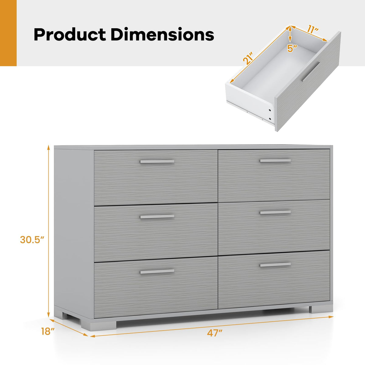 Goflame Storage Cabinet with 6 Drawers, Metal Legs & Handles, Anti-Toppling Devices, Grey